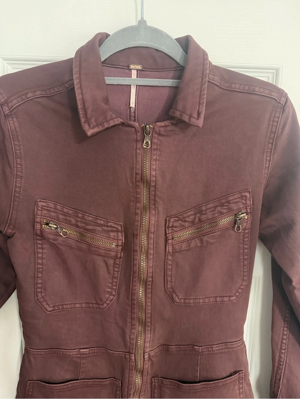 Free People Lennox Jumpsuit Sz  Small Utility Pockets Burgundy Brown Bitter Bark